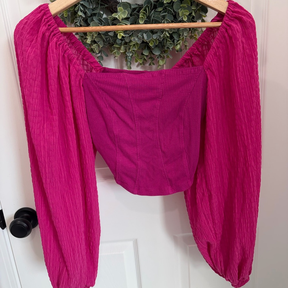 Urban Outfitters Magenta Off-Shoulder Long Sleeve Blouse
